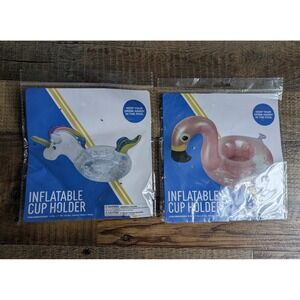 NIP Set 2 Unicorn Flamingo Inflatable Drink Cup Holder Glitter Pool Floats